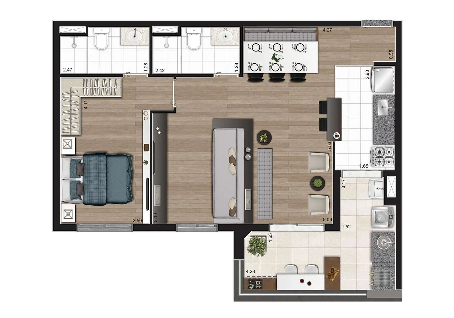 PLANTA 2 DORMS. COM SUÍTE E TERRAÇO GOURMET 65m² OPÇÃO LIVING AMPLIADO