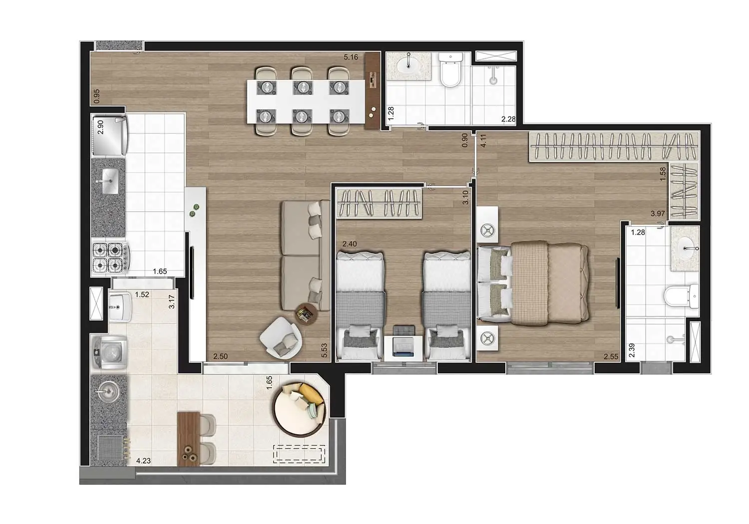 PLANTA 2 DORMS. COM SUÍTE E TERRAÇO GOURMET 69m²