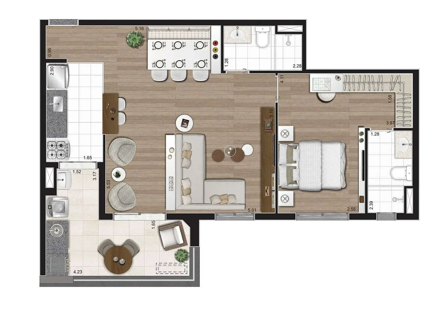 PLANTA 2 DORMS. COM SUÍTE E TERRAÇO GOURMET 69m² OPÇÃO LIVING AMPLIADO