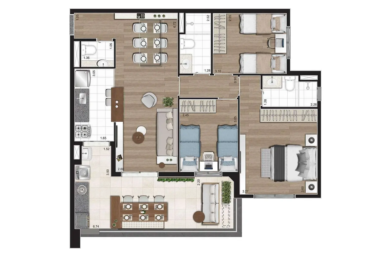 PLANTA 3 DORMS. COM SUÍTE 91m²