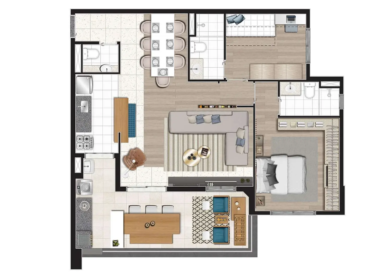 PLANTA 3 DORMS. COM SUÍTE E TERRAÇO GOURMET 91m² OPÇÃO LIVING AMPLIADO