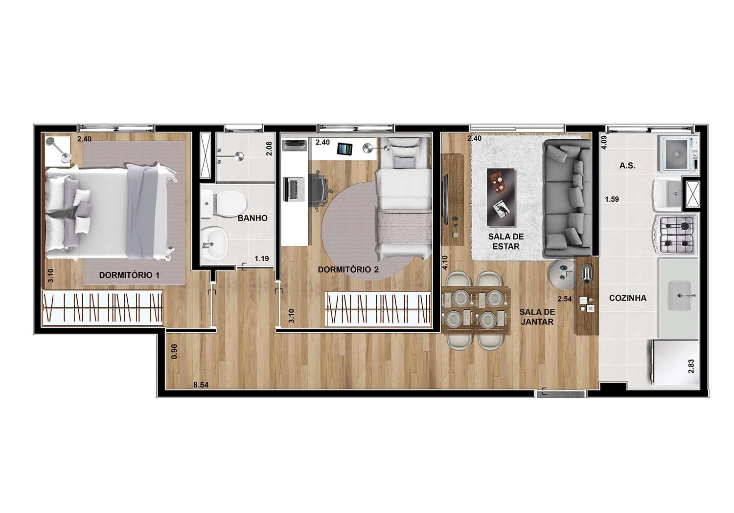 Perspectiva da Planta Tipo Térreo 2 Dormitórios 44 m²