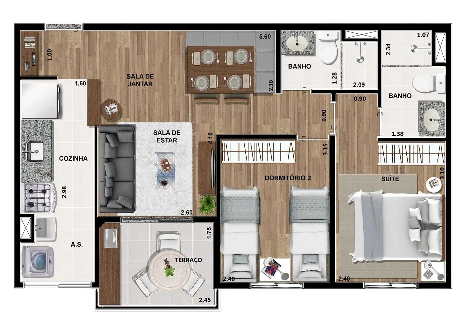 Perspectiva Ilustrada da Planta Térreo 2 Dormitórios