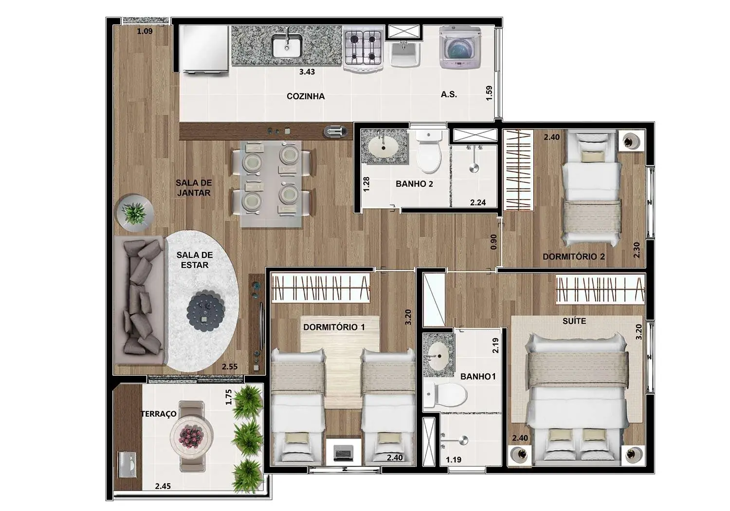 Perspectiva Ilustrada da Planta Tipo 3 Dormitórios