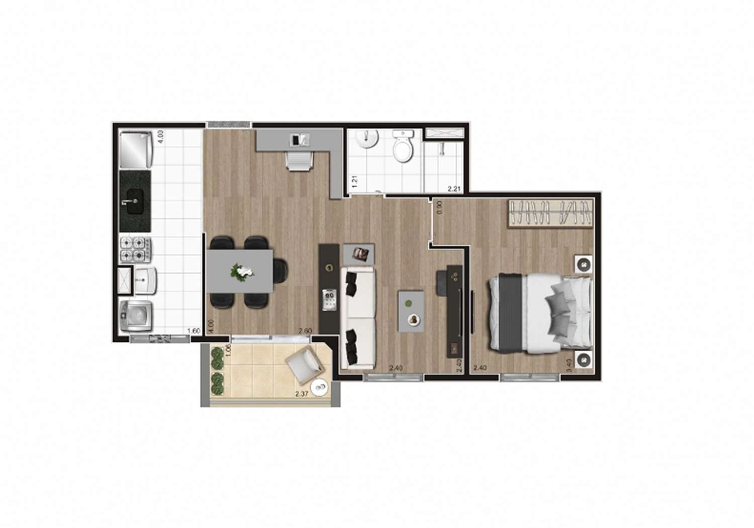 PERSPECTIVA ILUSTRADA PLANTA 1DORM C/ TERRAÇO 43m²