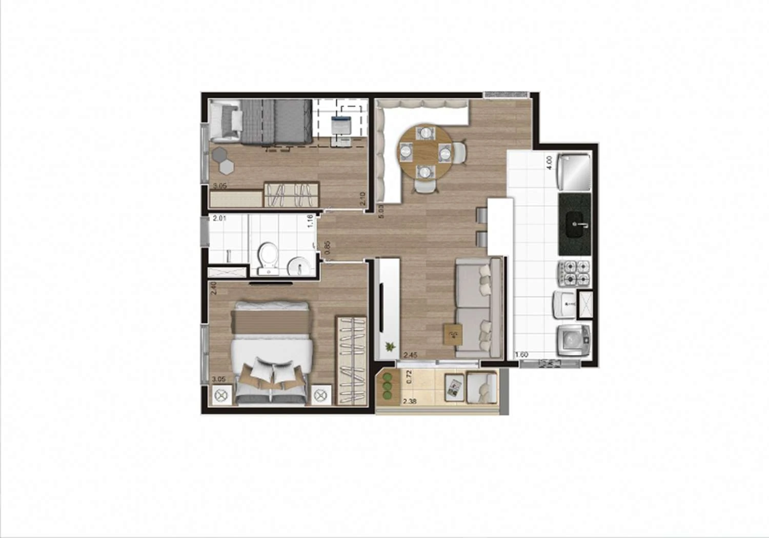 PERSPECTIVA ILUSTRADA PLANTA 2DORM C/ TERRAÇO 43m²