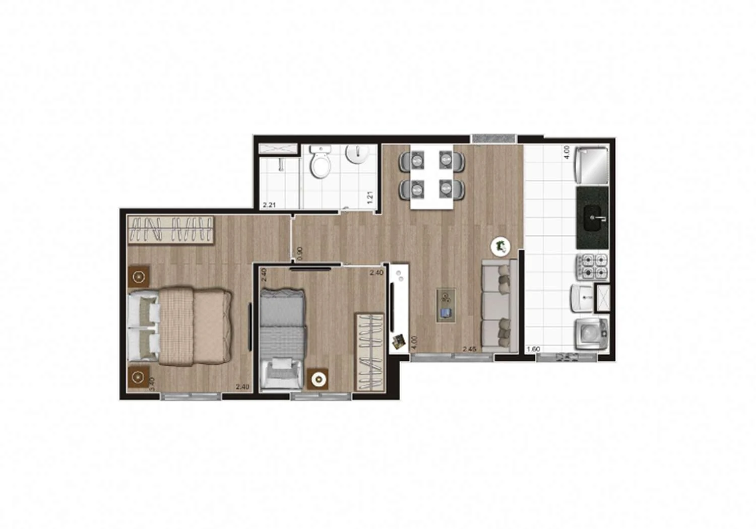 PERSPECTIVA ILUSTRADA PLANTA 2DORM C/ 41m²