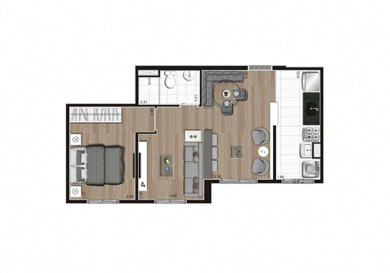 PERSPECTIVA ILUSTRADA PLANTA 1DORM C/ 41m²