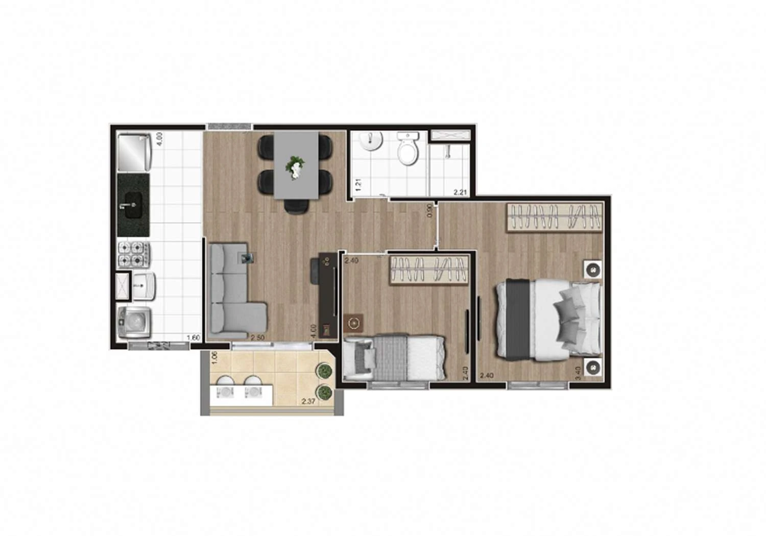 PERSPECTIVA ILUSTRADA PLANTA 2DORM C/ TERRAÇO 43m²
