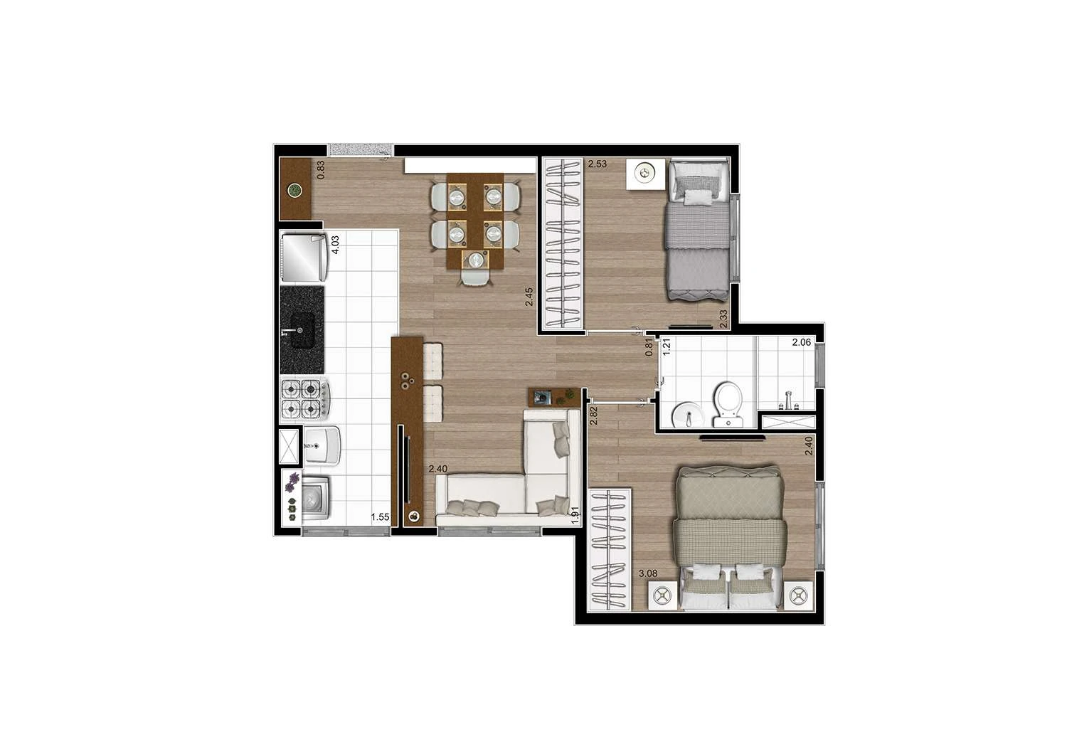 PLANTA PONTA TIPO – 2 DORMS. – 41m²