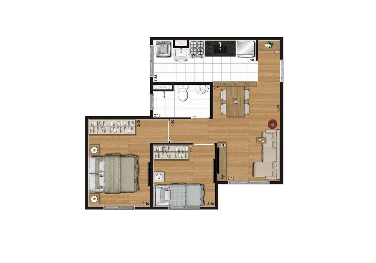 Perspectiva ilustrada da planta Tipo A 41m²