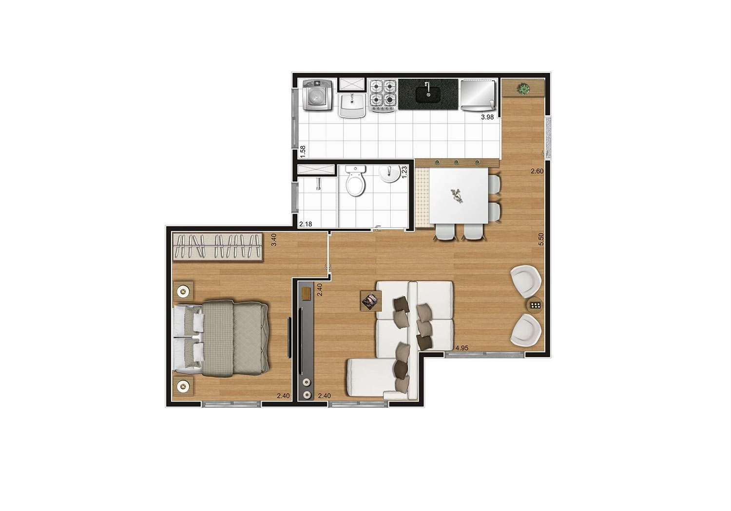 Perspectiva ilustrada da planta Tipo A ampliada - 41m²