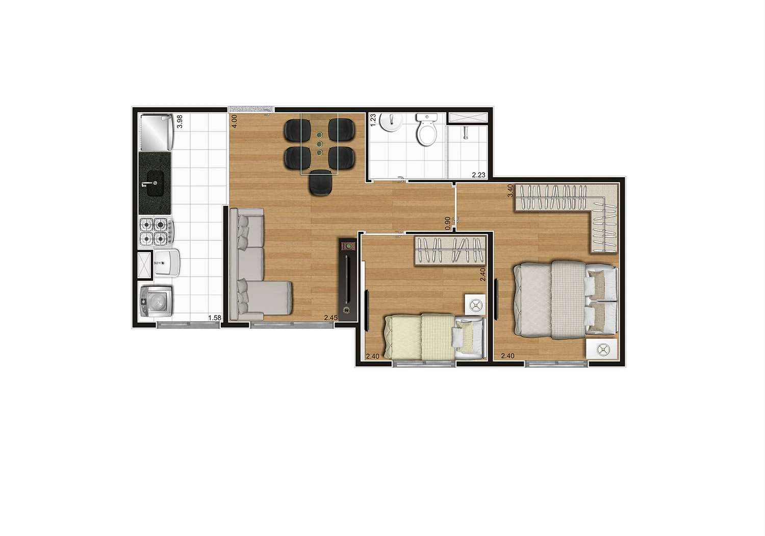 Perspectiva ilustrada da planta Tipo D e B 40m²