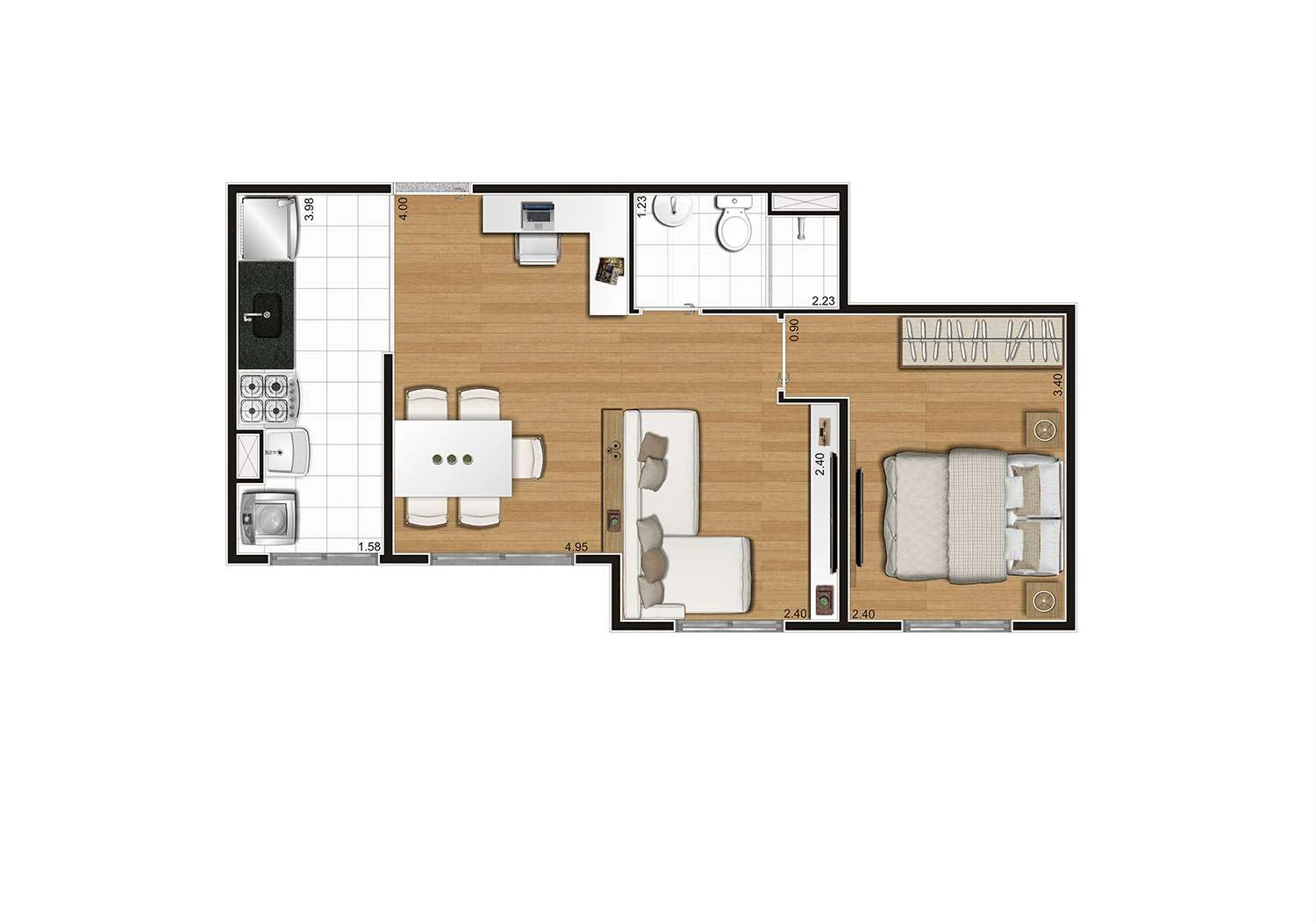Perspectiva ilustrada da planta Tipo D e B ampliada - 40m²