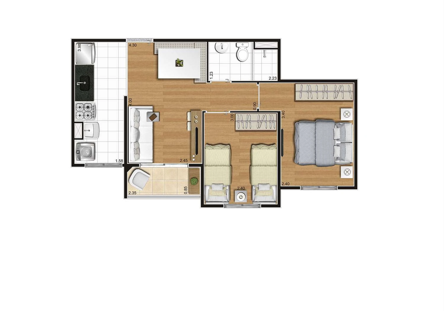 Perspectiva ilustrada da planta Tipo C 44m²
