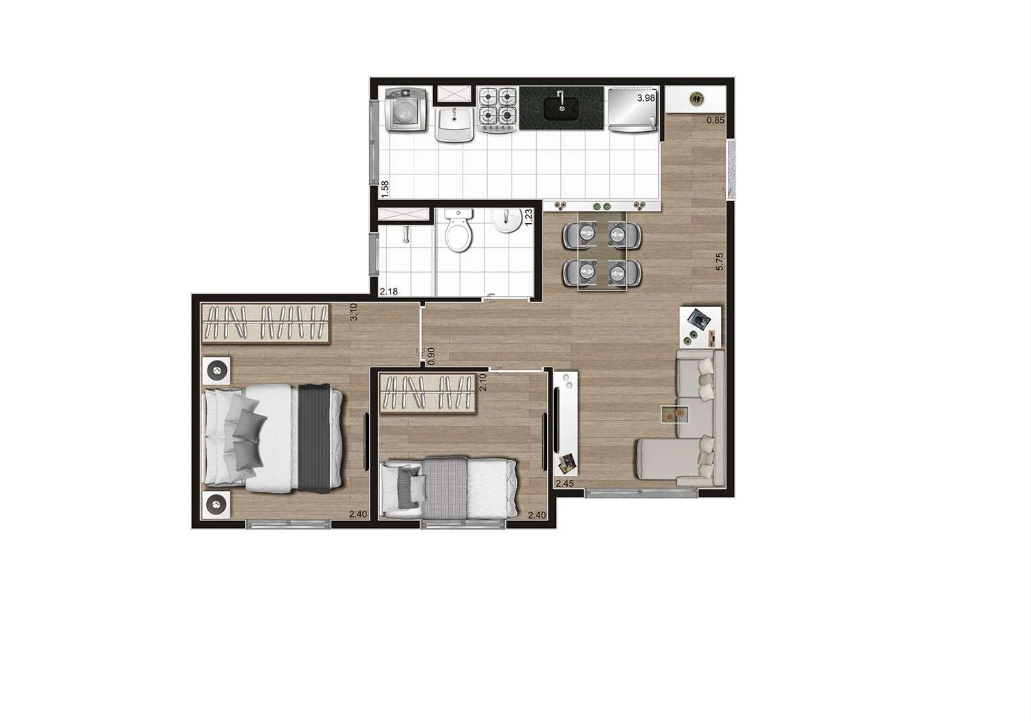 Perspectiva ilustrada da planta Tipo B 40m²