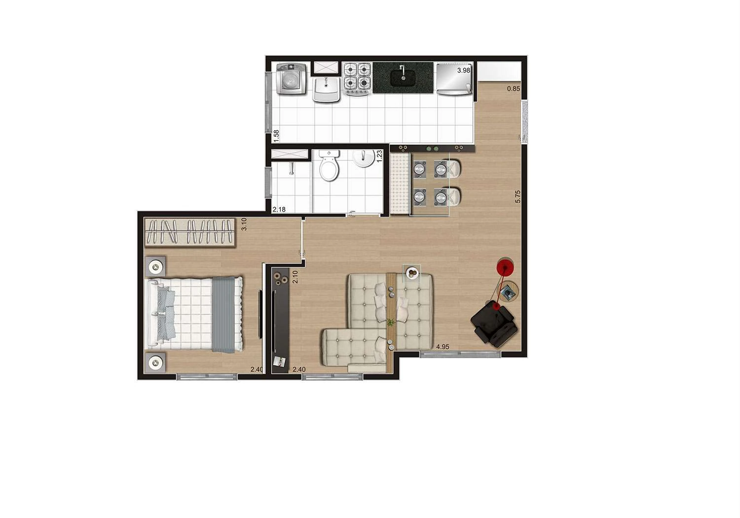 Perspectiva ilustrada da planta Tipo B ampliada - 40m²
