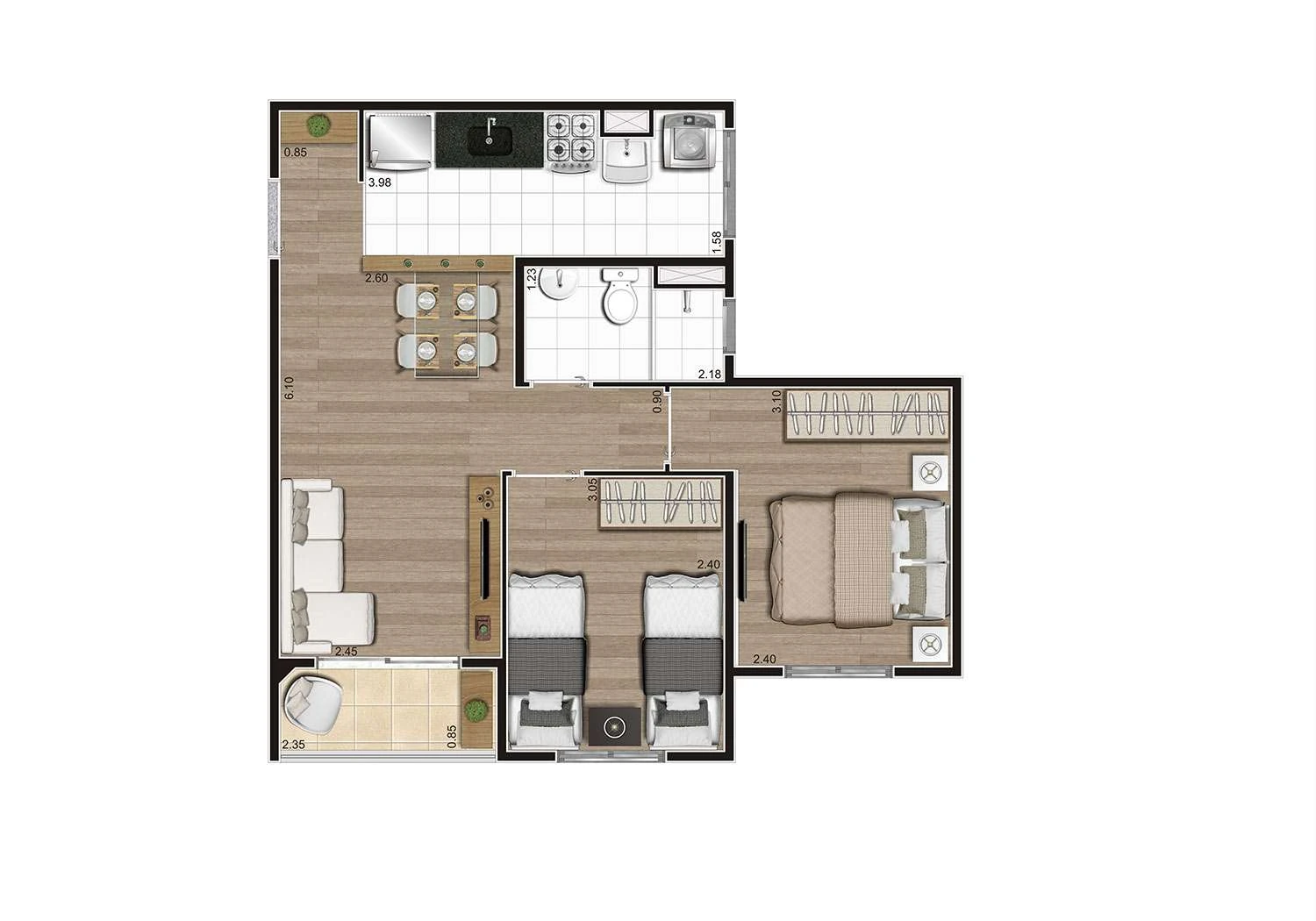 Perspectiva ilustrada da planta Tipo A 46m²