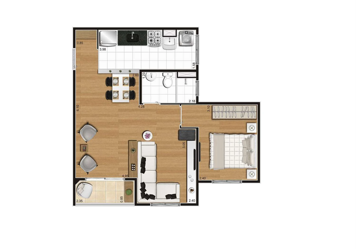 Perspectiva ilustrada da planta Tipo A ampliada - 46m²