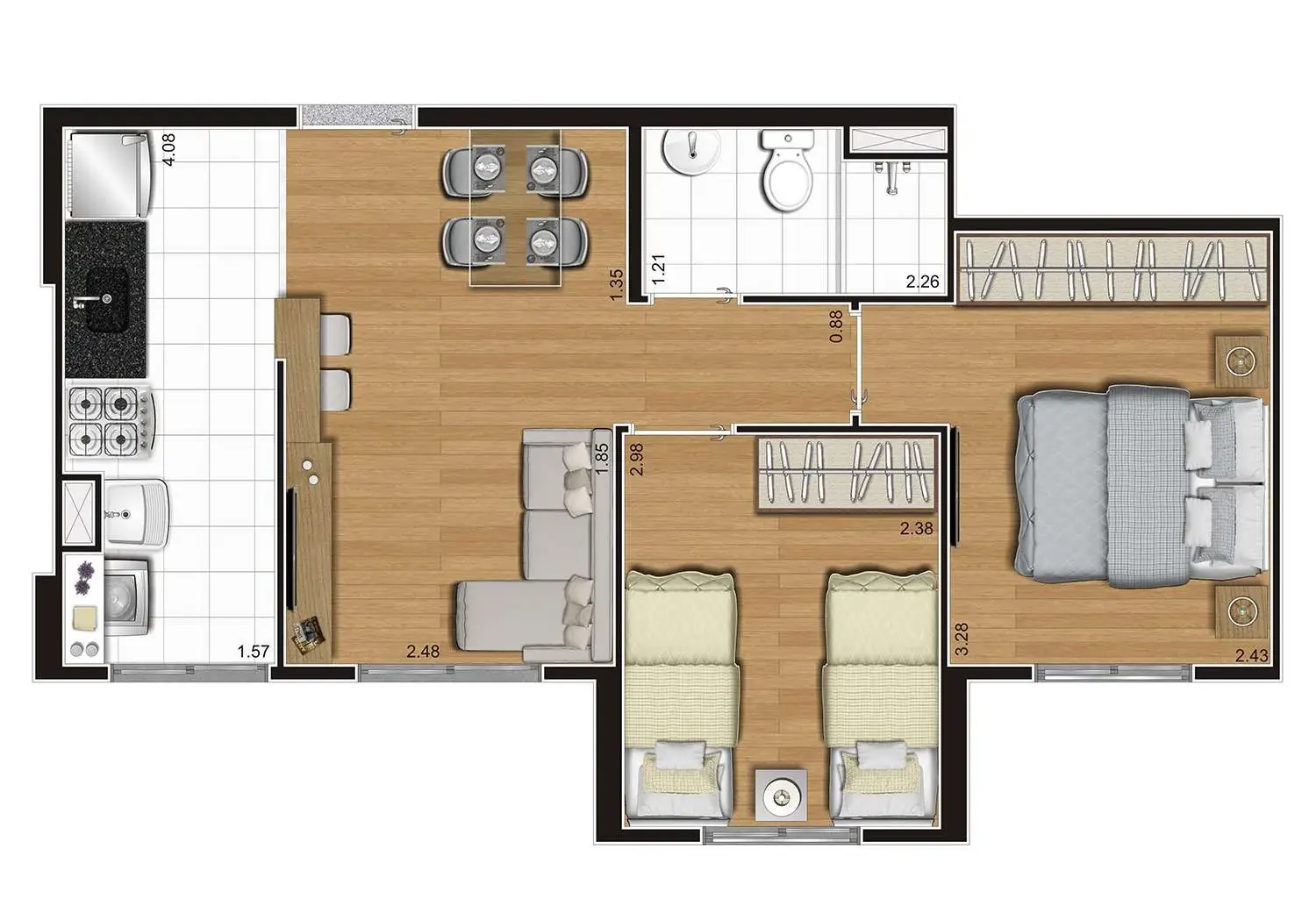 Perspectiva Ilustrada da Planta Tipo Meio de 43.18m²