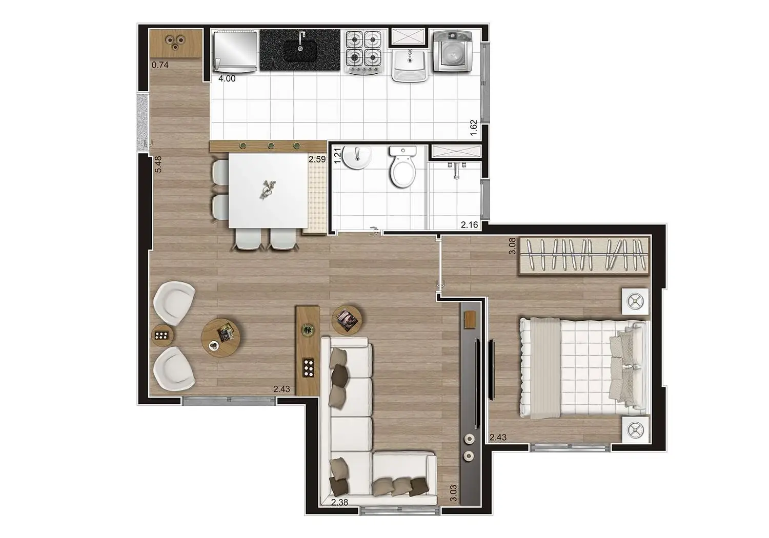 Perspectiva Ilustrada da Planta com Sala Ampliada - Ponta de 43.04m²