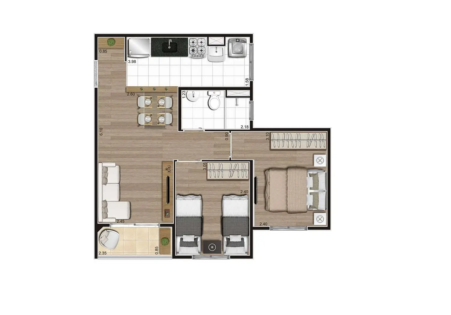 Perspectiva Ilustrada da Planta Opção A – 46 m²
