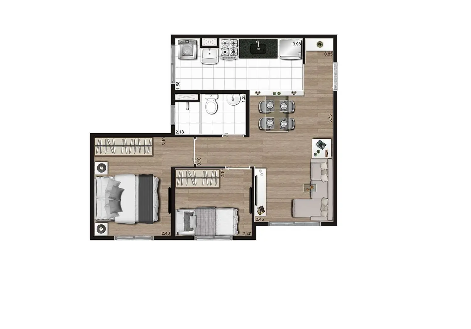 Perspectiva Ilustrada da Planta Tipo B - 40m²