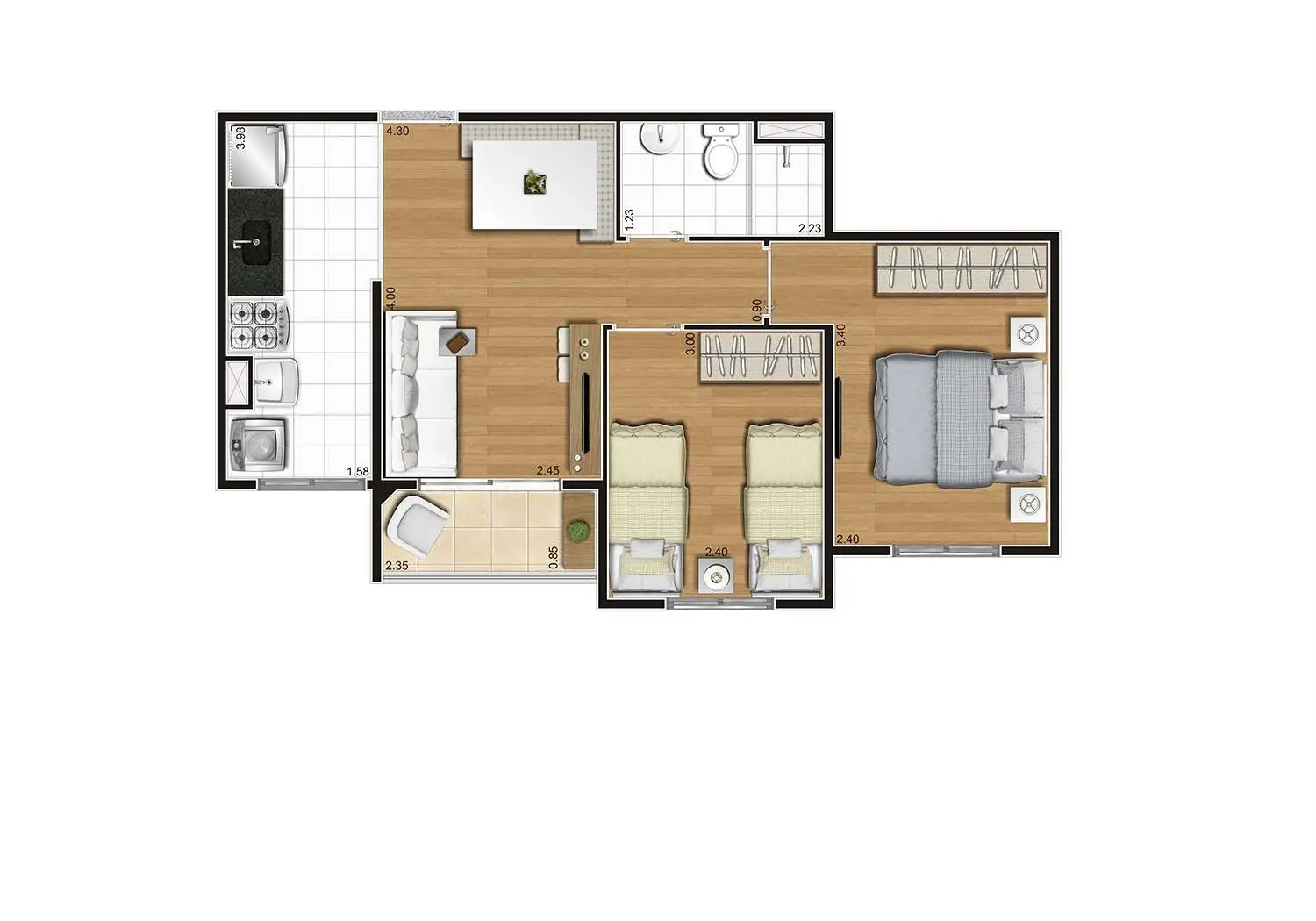 Perspectiva Ilustrada da Planta Tipo C - 44m²