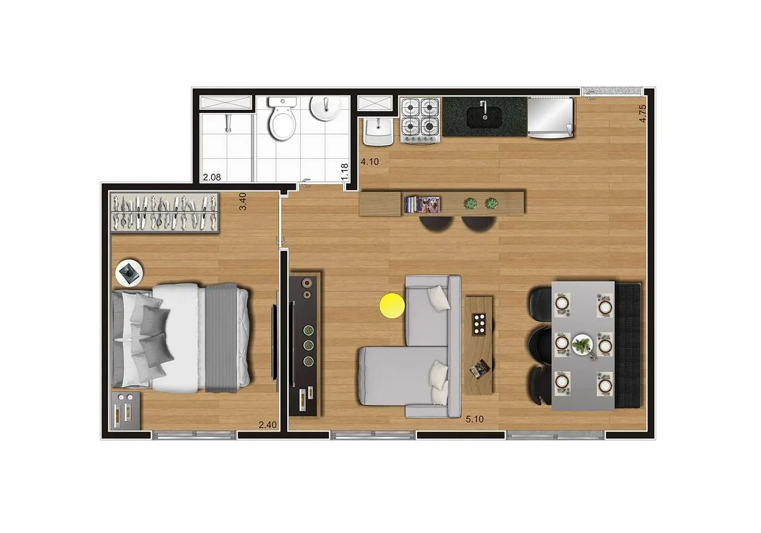 Perspectiva Ilustrada da Planta Tipo B Ampliada 1 Dorm.