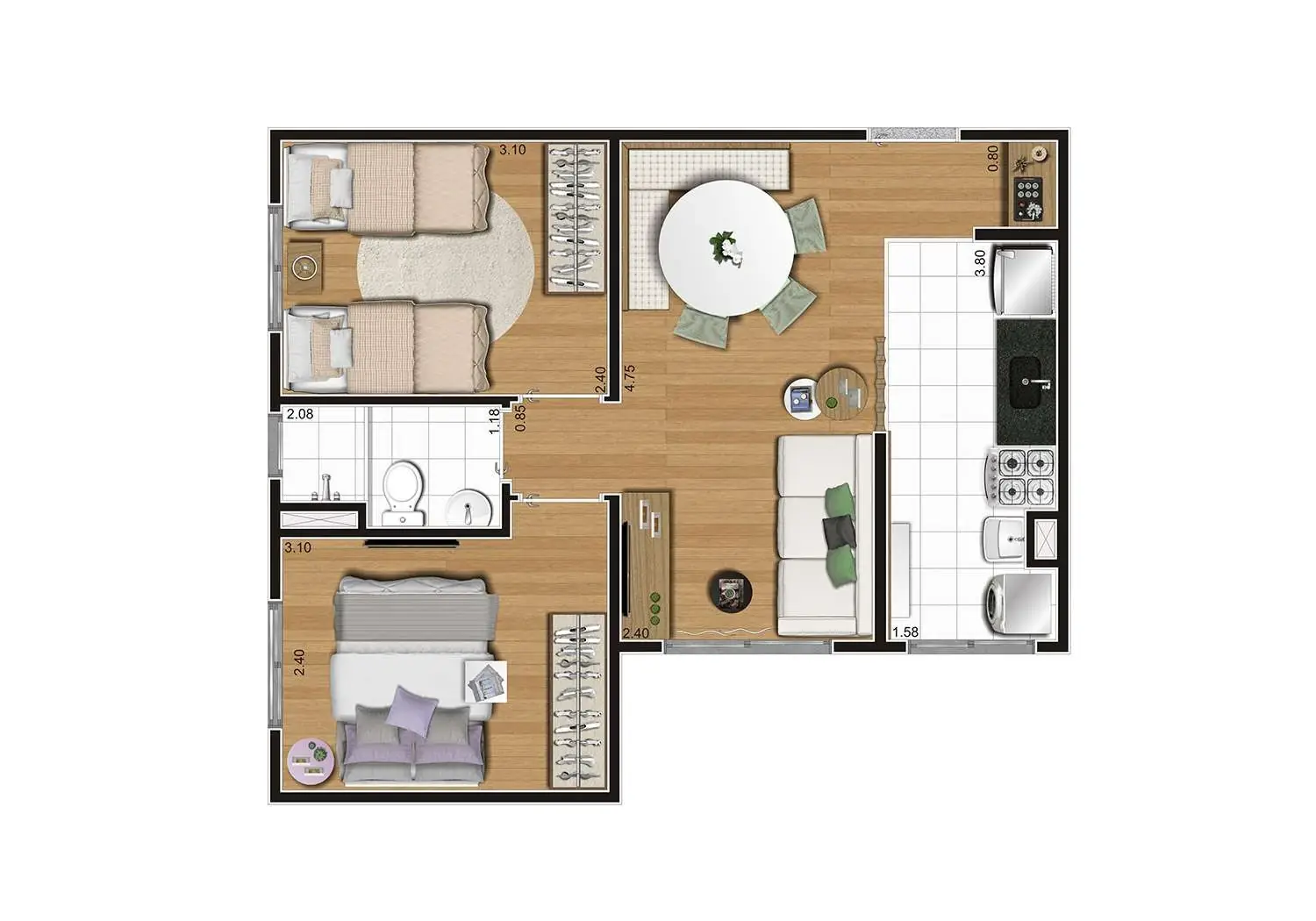 Perspectiva Ilustrada da Planta Tipo A Ampliada 2 Dorms.