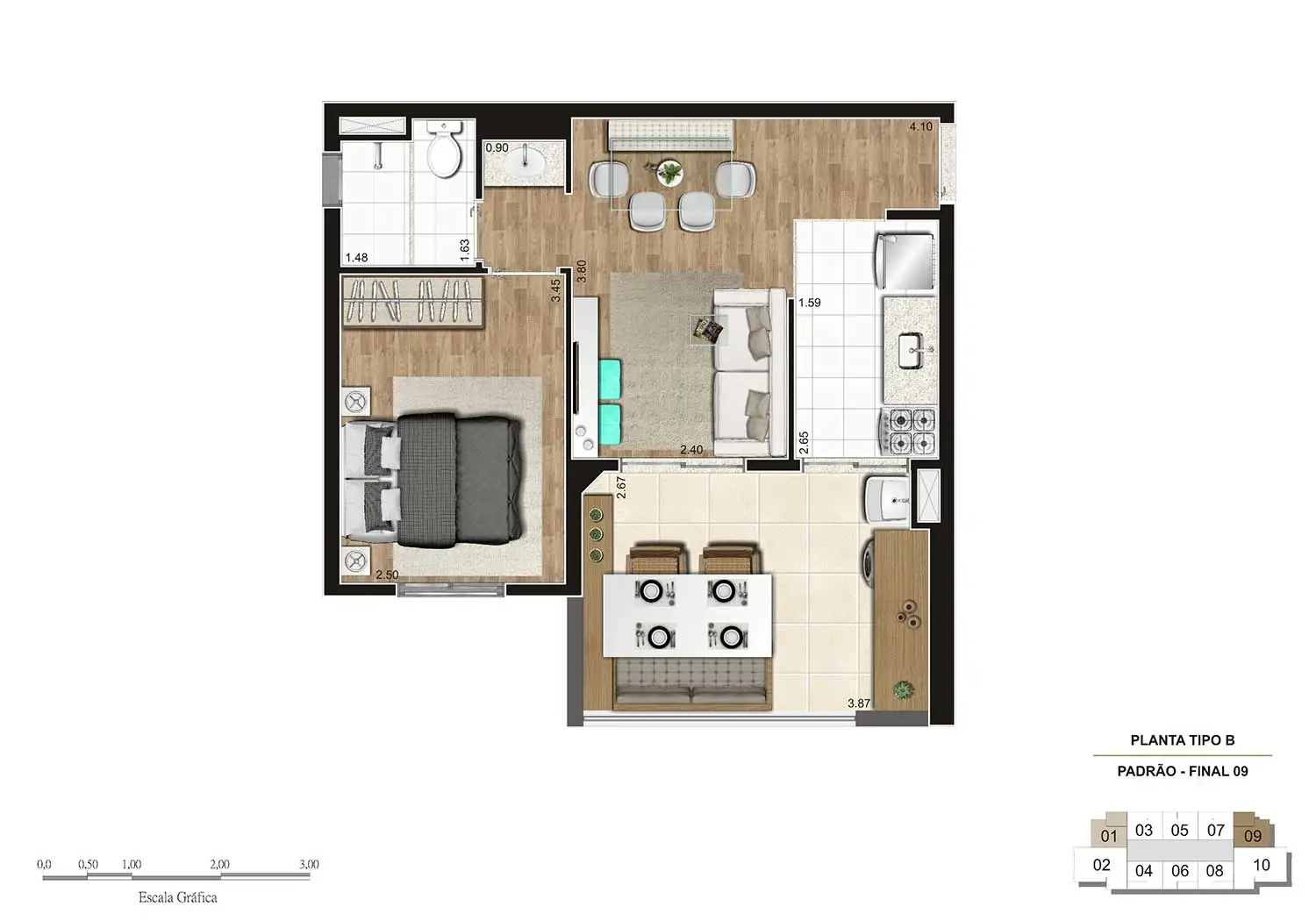 Perspectiva Ilustrada da Planta 1 Dormitório (38 m²)