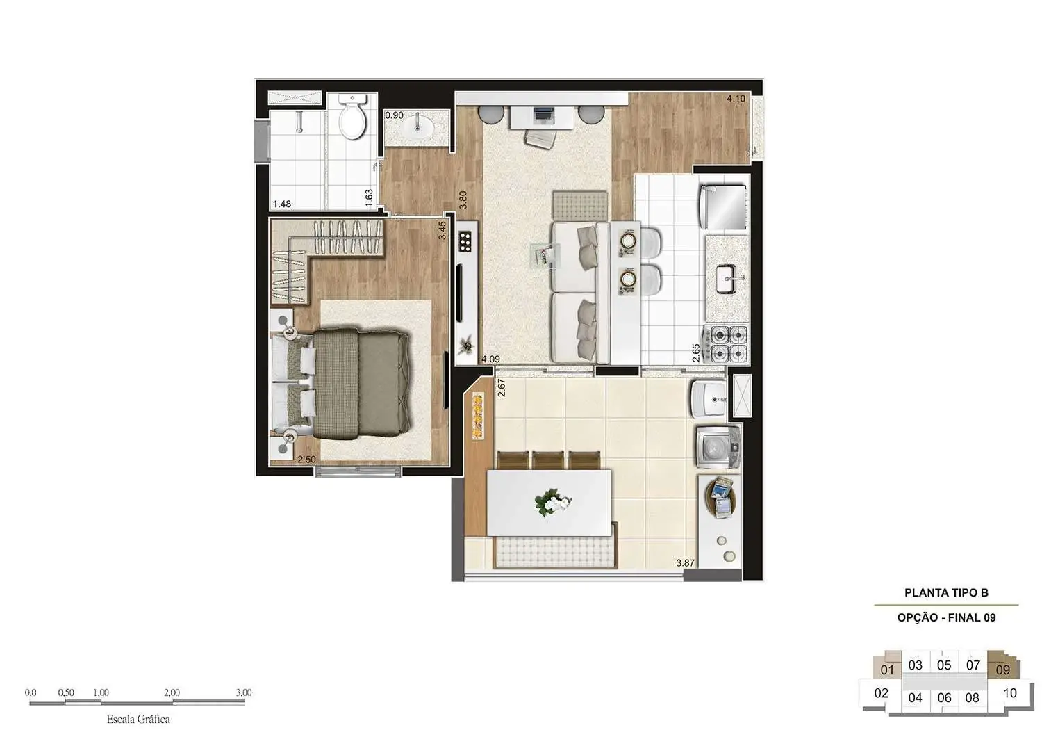 Perspectiva Ilustrada da Planta 1 Dormitório (38 m²)