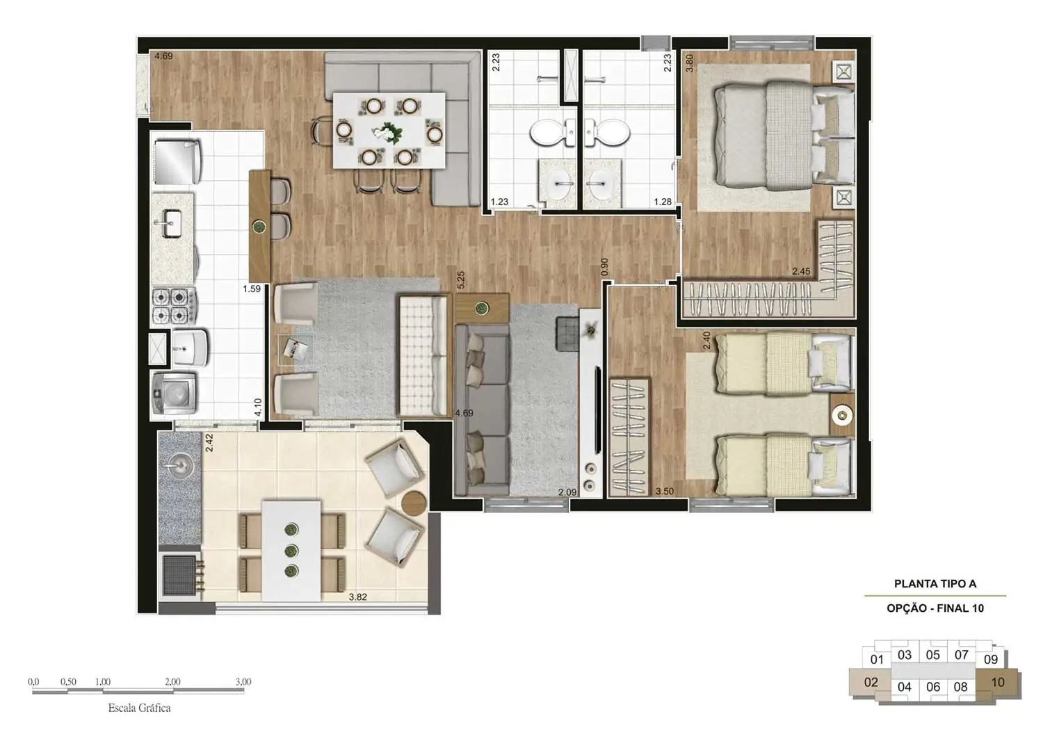 Perspectiva Ilustrada da Planta 2 Dormitórios (78 m²)