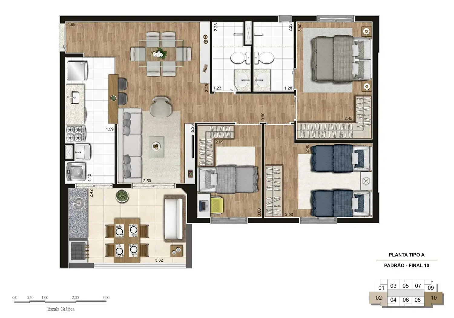 Perspectiva Ilustrada da Planta 2 Dormitórios (74 m²)