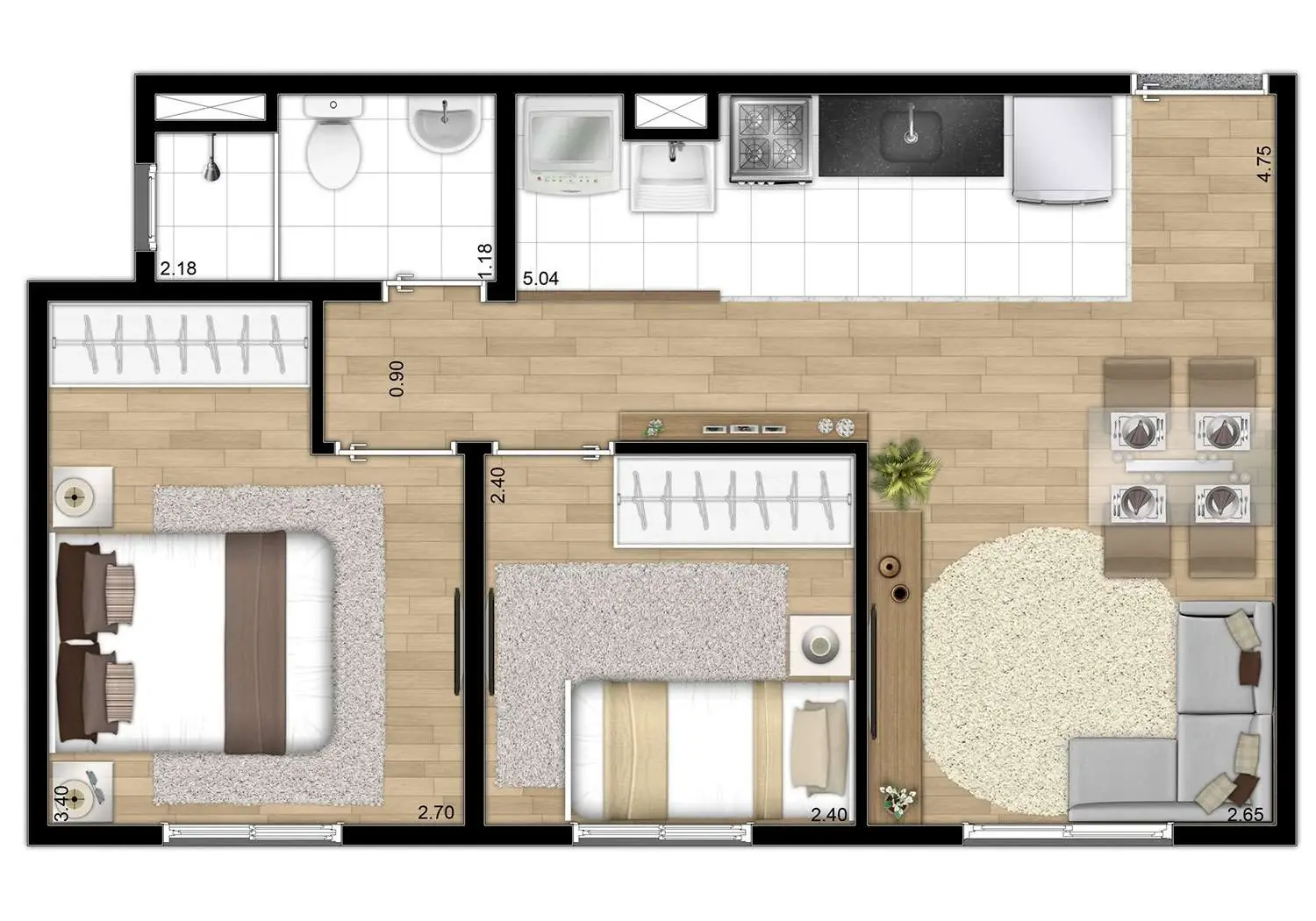 Perspectiva Ilustrada da Planta de 2 Dormitórios 40 m²