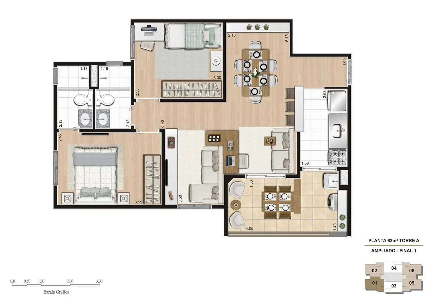 PERSPECTIVA ILUSTRADA DA PLANTA DE 63M² TIPO AMPLIADO