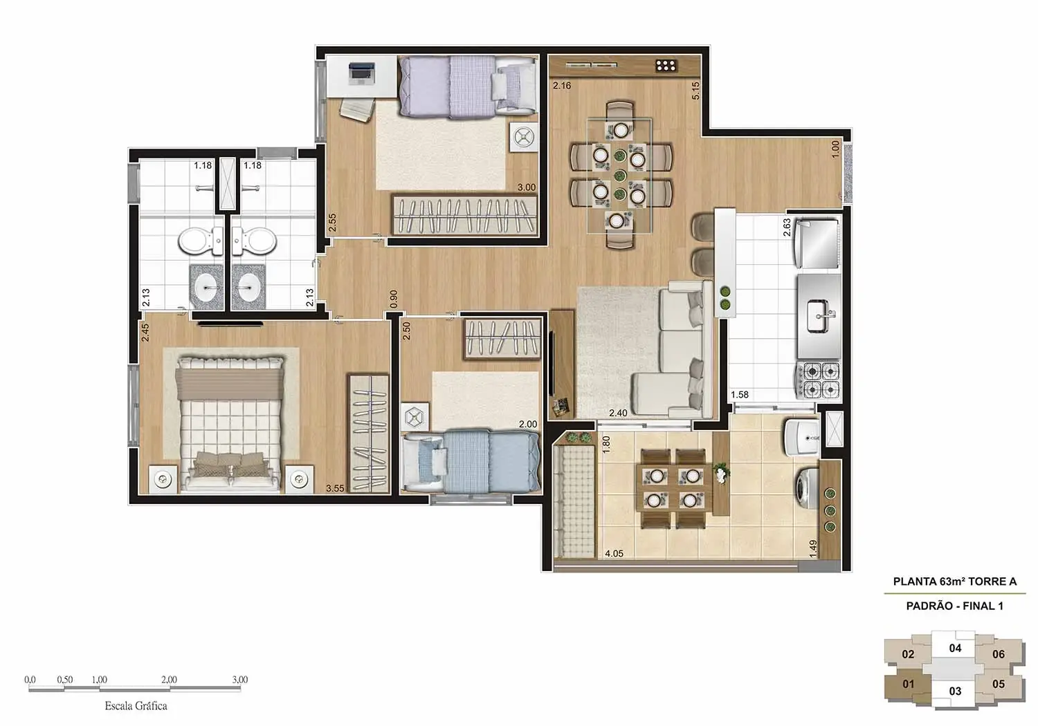 PERSPECTIVA ILUSTRADA DA PLANTA DE 63M² TIPO PADRÃO