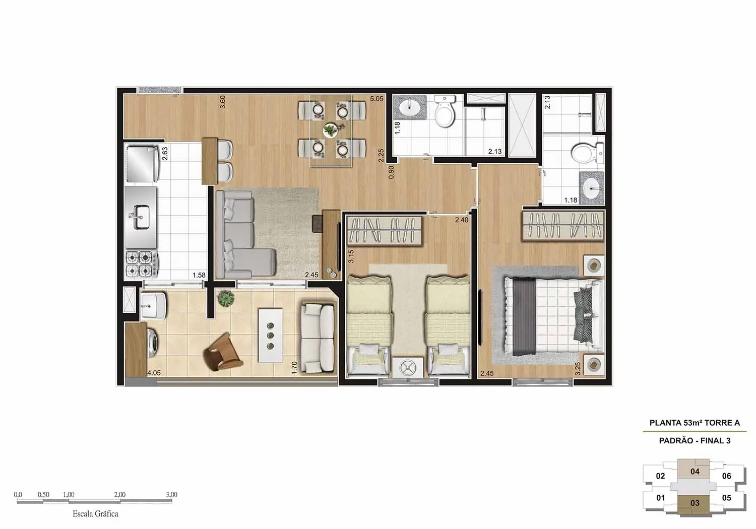 PERSPECTIVA ILUSTRADA DA PLANTA DE 53M² TIPO PADRÃO