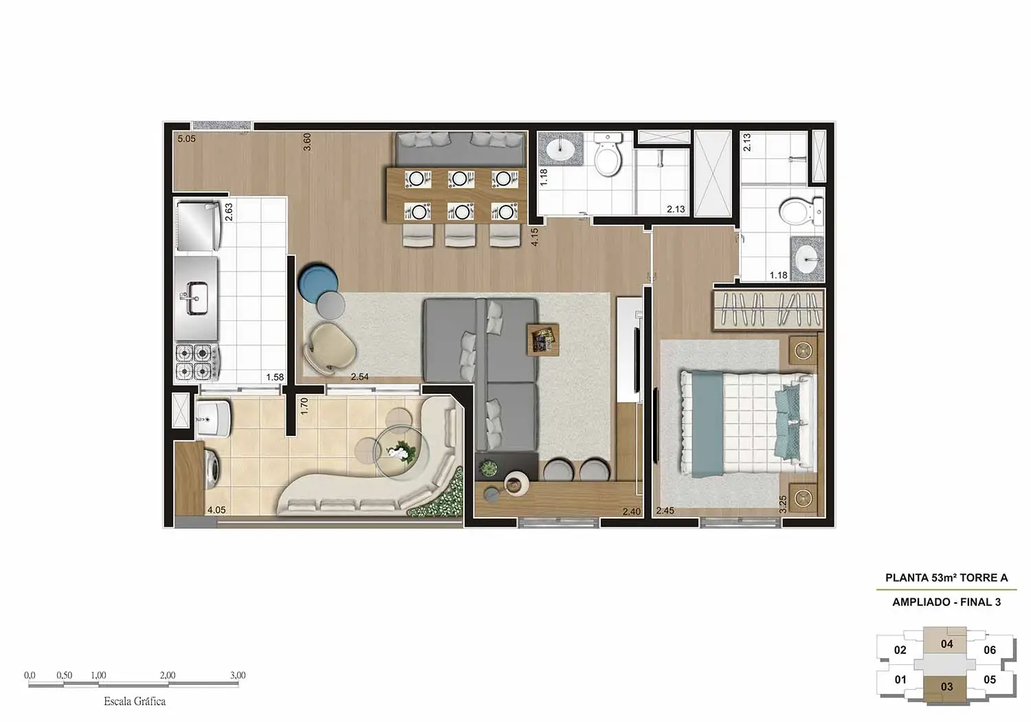 PERSPECTIVA ILUSTRADA DA PLANTA DE 53M² TIPO AMPLIADO