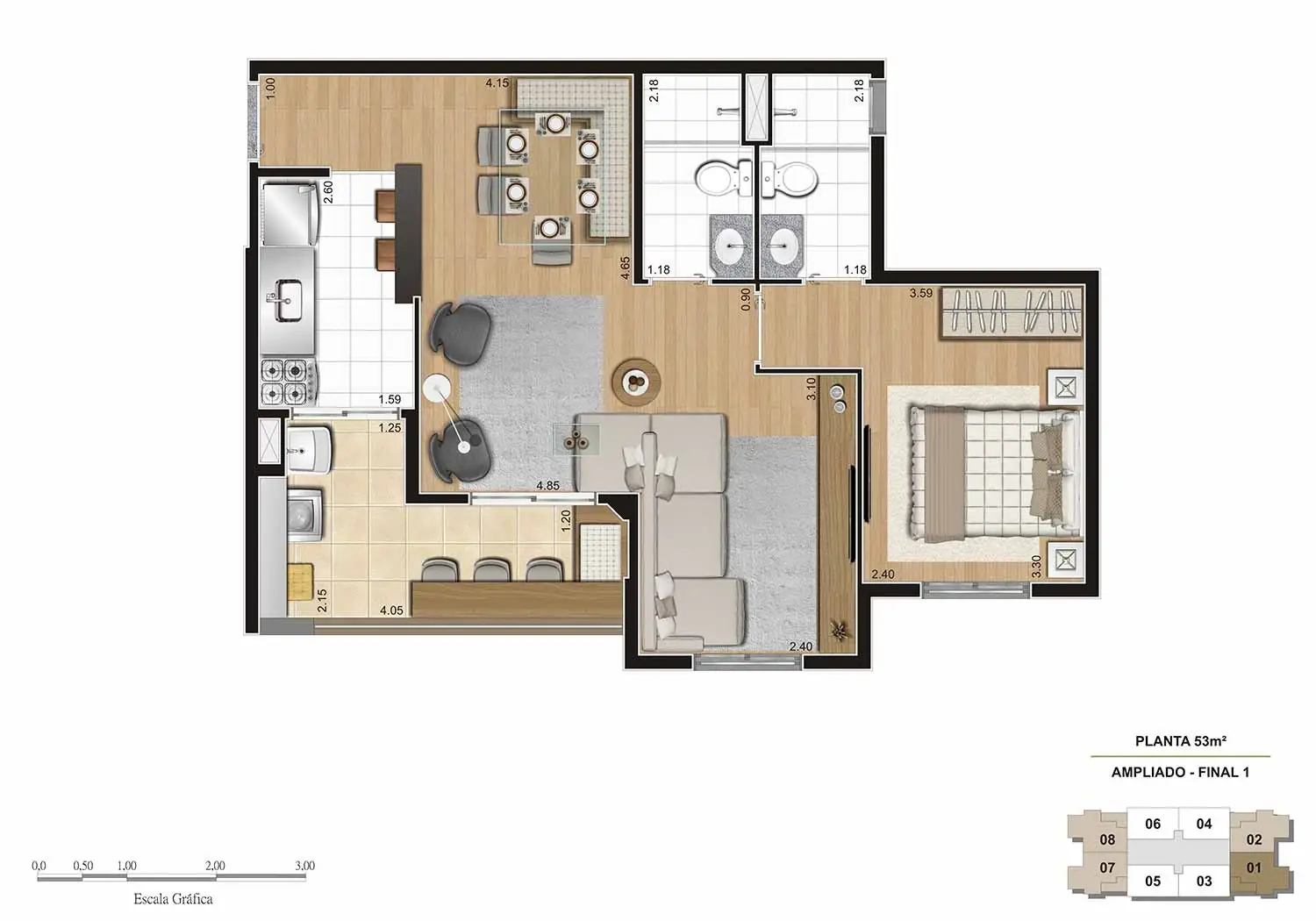 PERSPECTIVA ILUSTRADA DA PLANTA DE 53M² AMPLIADO