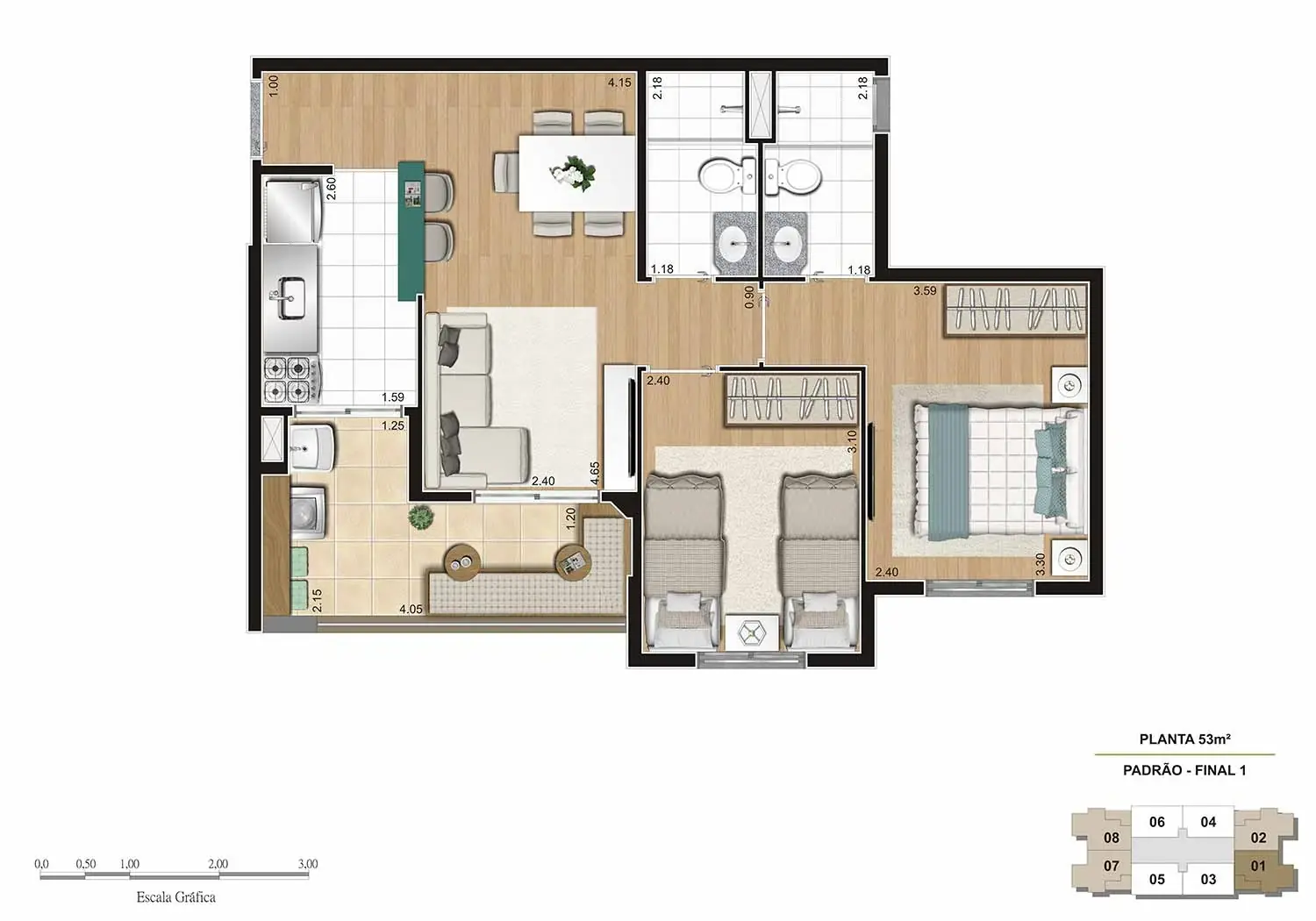 PERSPECTIVA ILUSTRADA DA PLANTA DE 53M² PADRÃO