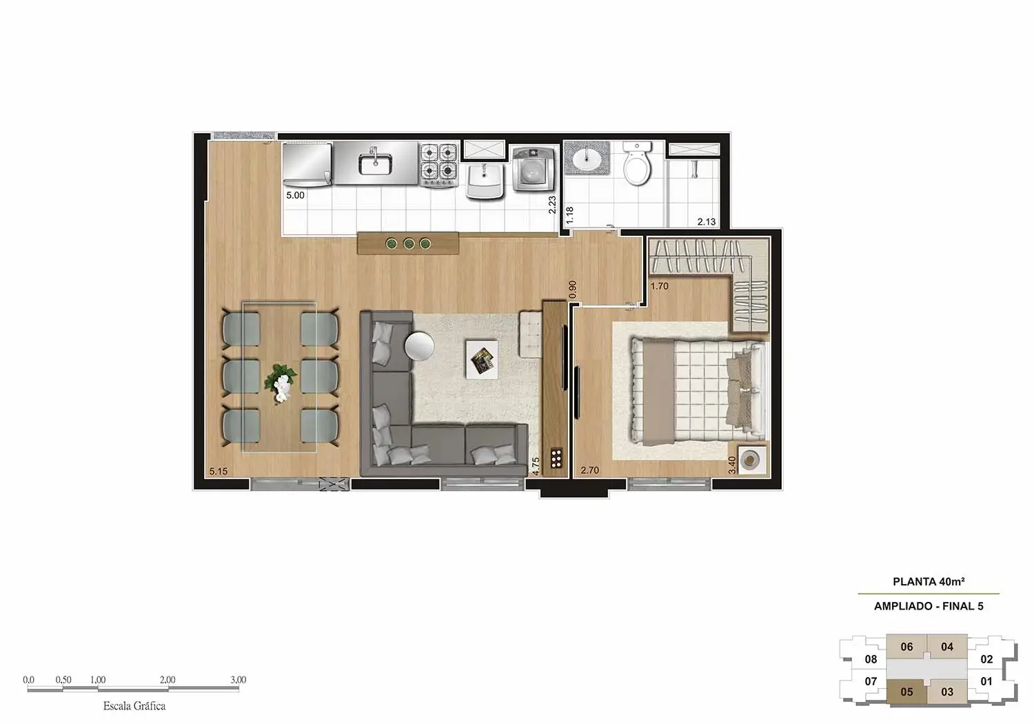 PERSPECTIVA ILUSTRADA DA PLANTA DE 40M² TIPO AMPLIADO