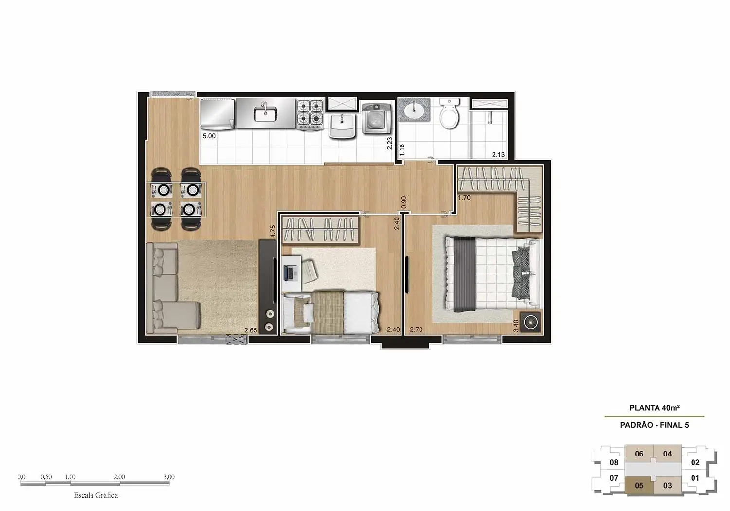 PERSPECTIVA ILUSTRADA DA PLANTA DE 40M² TIPO PADRÃO
