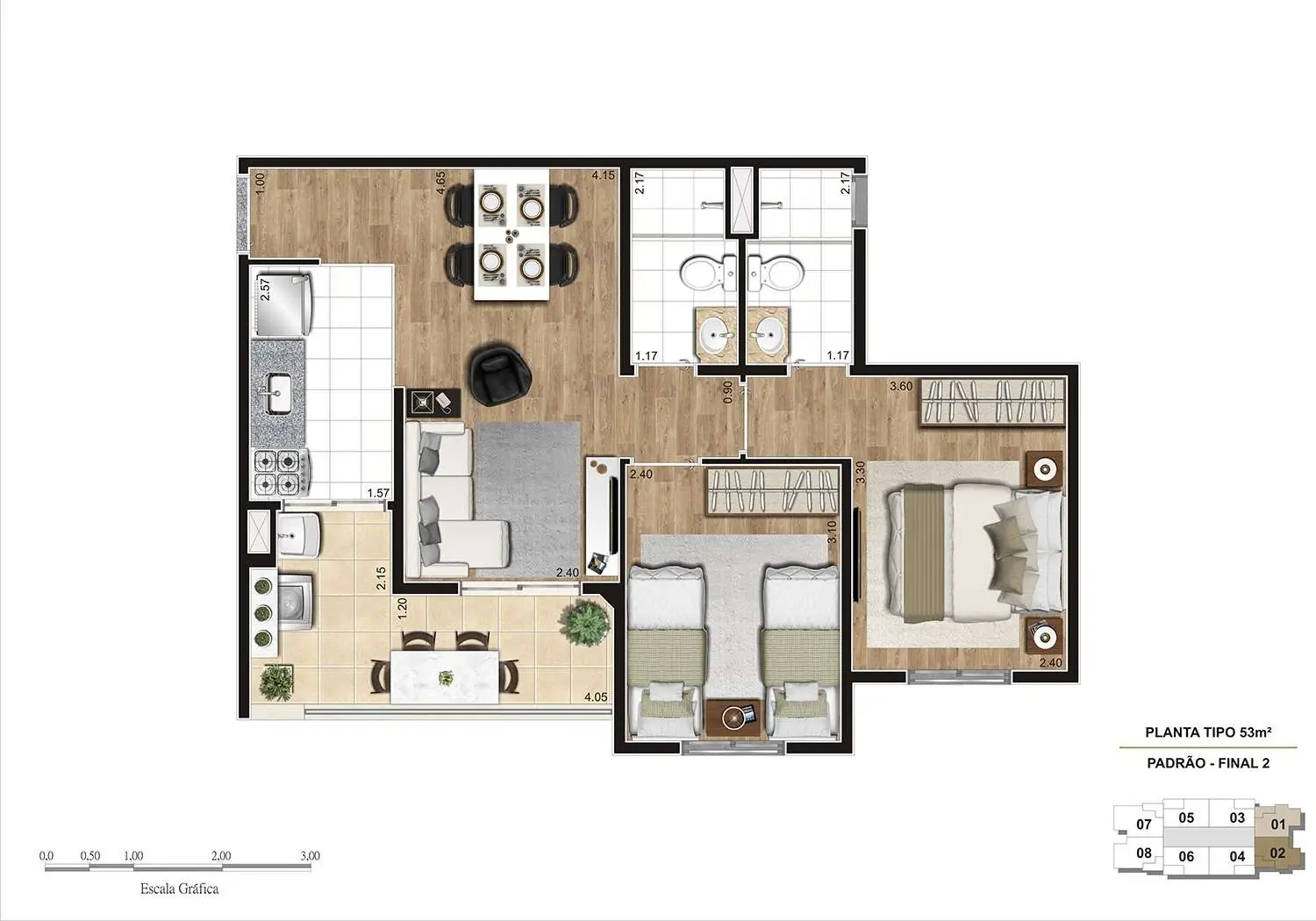 PERSPECTIVA ILUSTRADA DA PLANTA DE 53M²