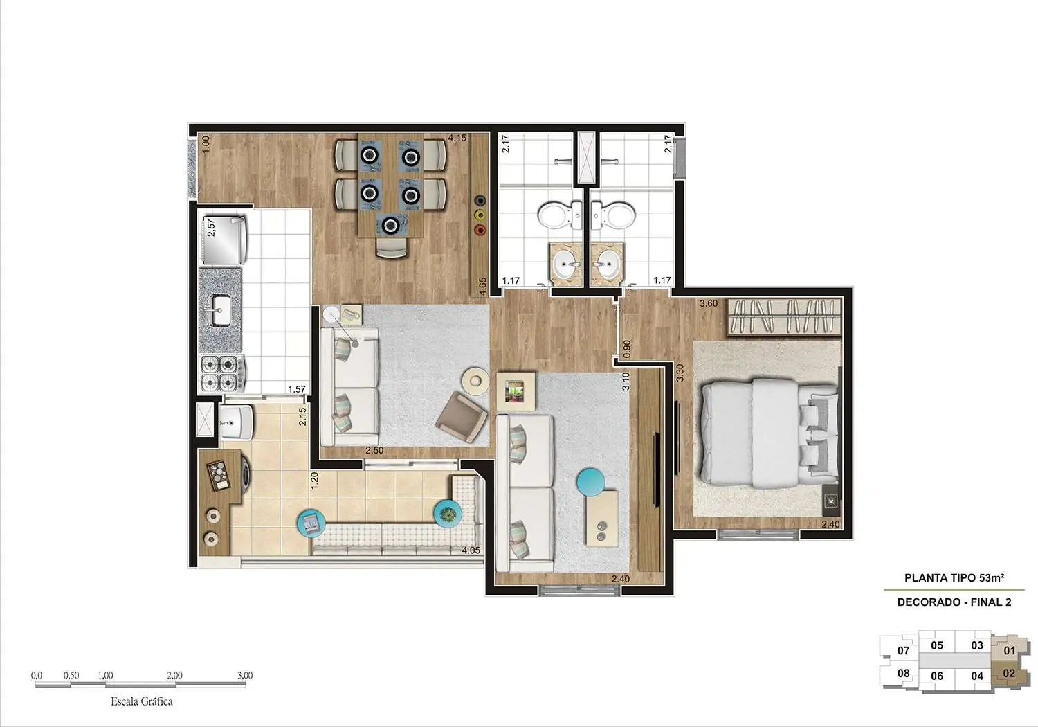 PERSPECTIVA ILUSTRADA DA PLANTA DE 53M² TIPO AMPLIADO