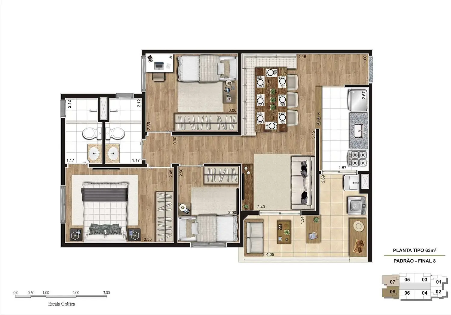 PERSPECTIVA ILUSTRADA DA PLANTA DE 63M²
