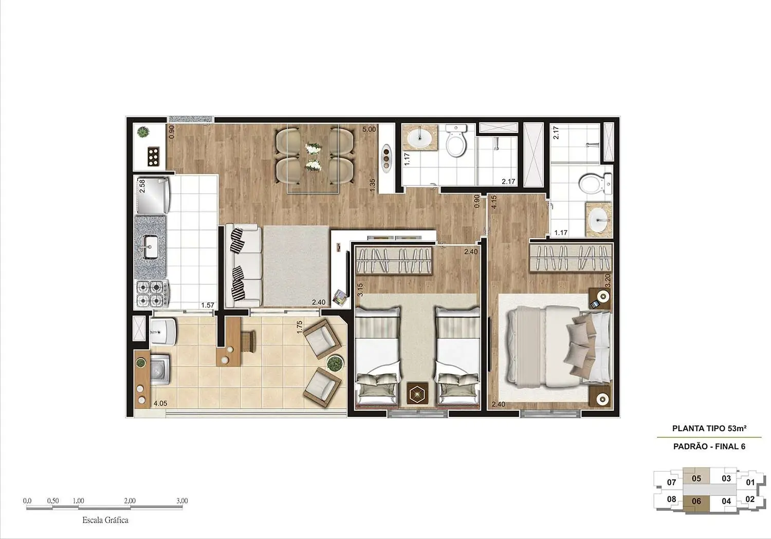PERSPECTIVA ILUSTRADA DA PLANTA DE 53M²