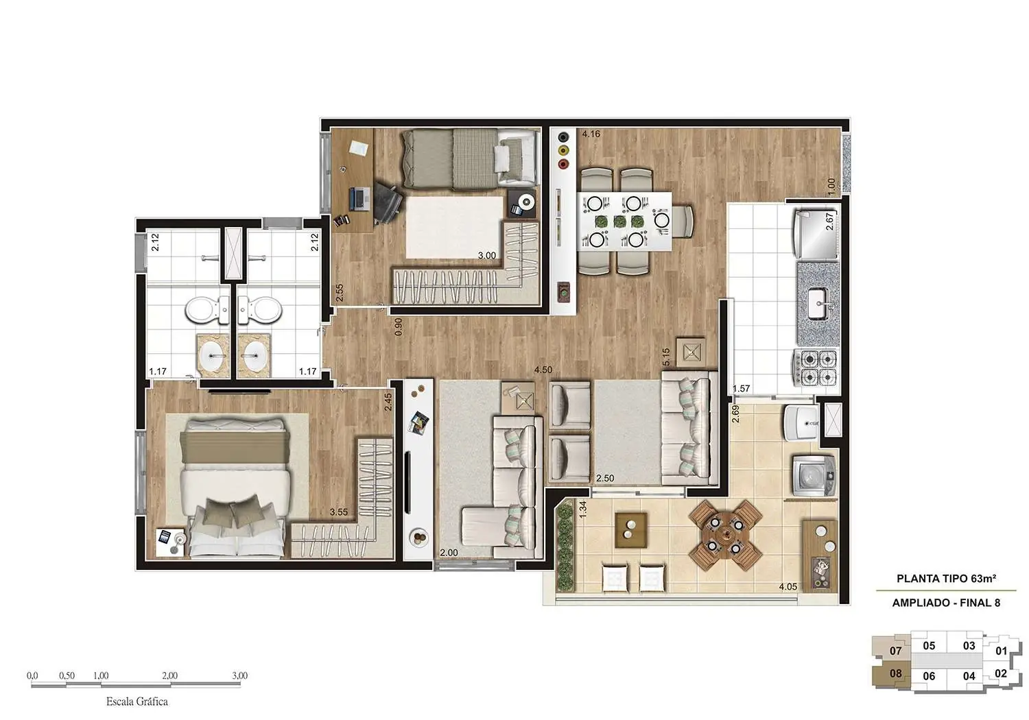PERSPECTIVA ILUSTRADA DA PLANTA DE 63M² TIPO AMPLIADO