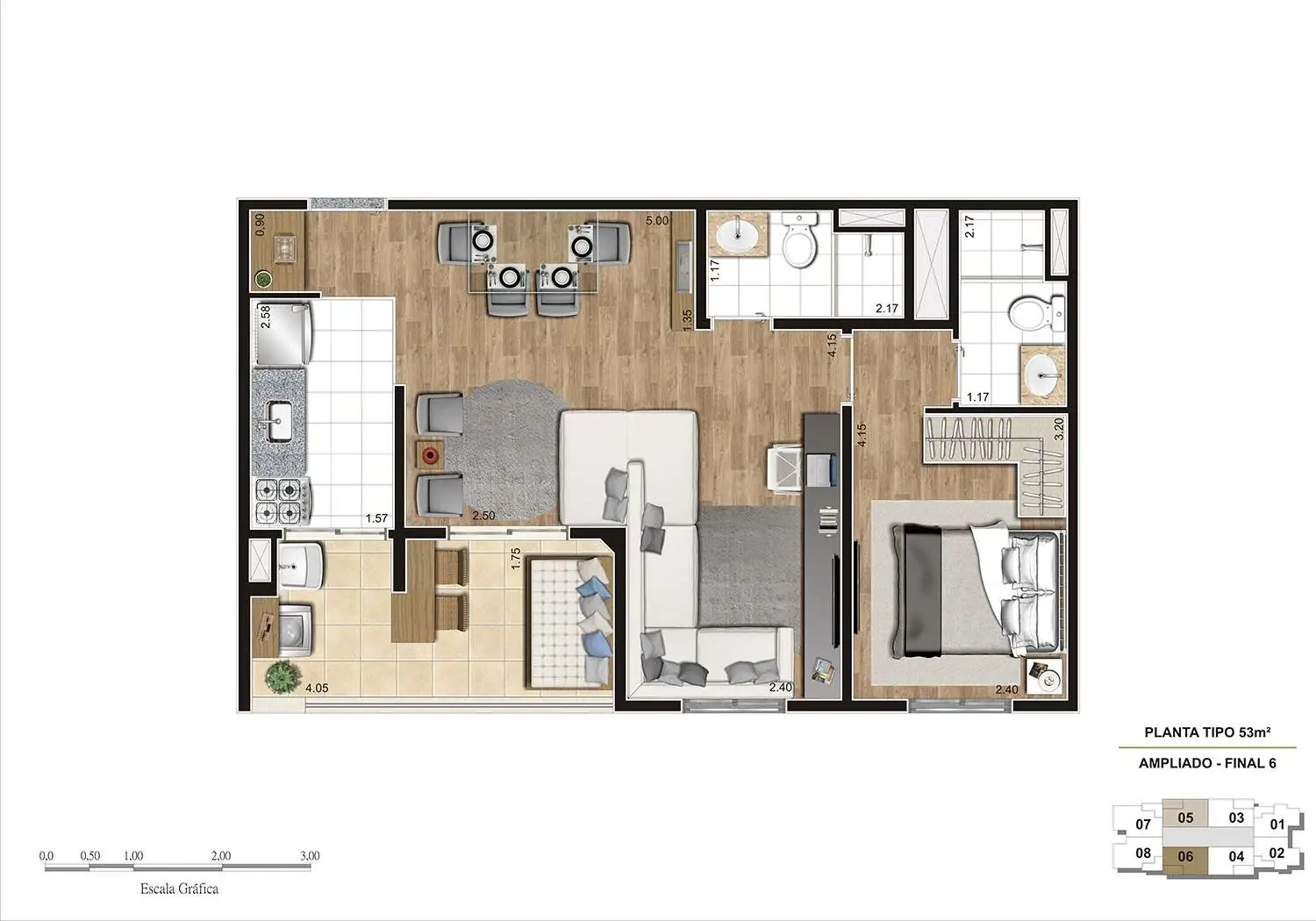 PERSPECTIVA ILUSTRADA DA PLANTA DE 53M² TIPO AMPLIADO