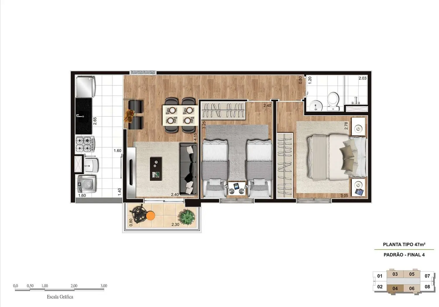 PERSPECTIVA ILUSTRADA DA PLANTA 2 DORMS. - 47M²